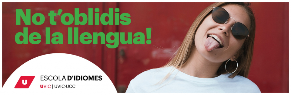 Imatge simpàtica d'una noia treien la llengua i amb la frase promocional: No t'oblidis de la llengua!